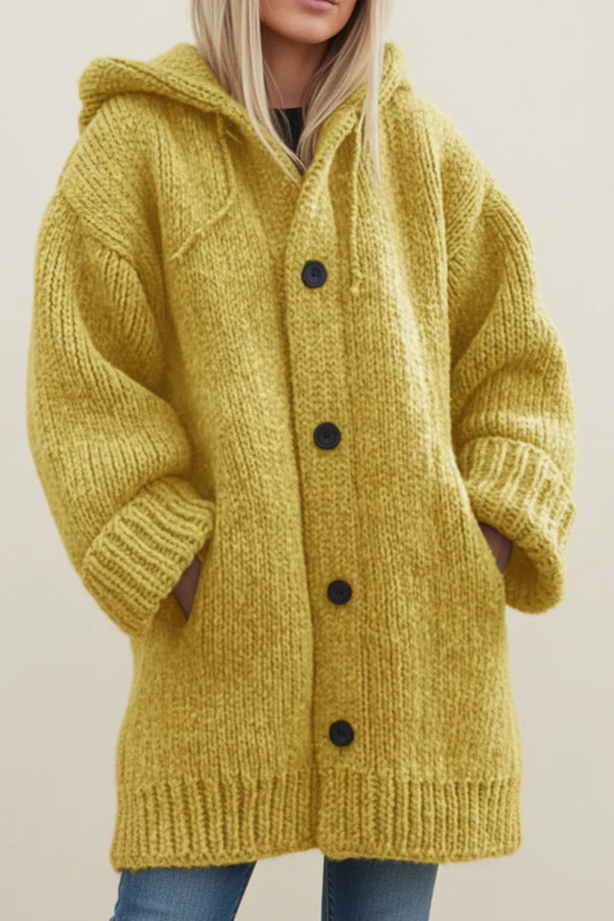 Women's Hooded Knit Cardigan Button-Front Long Sleeve Pockets Oversized Sweater