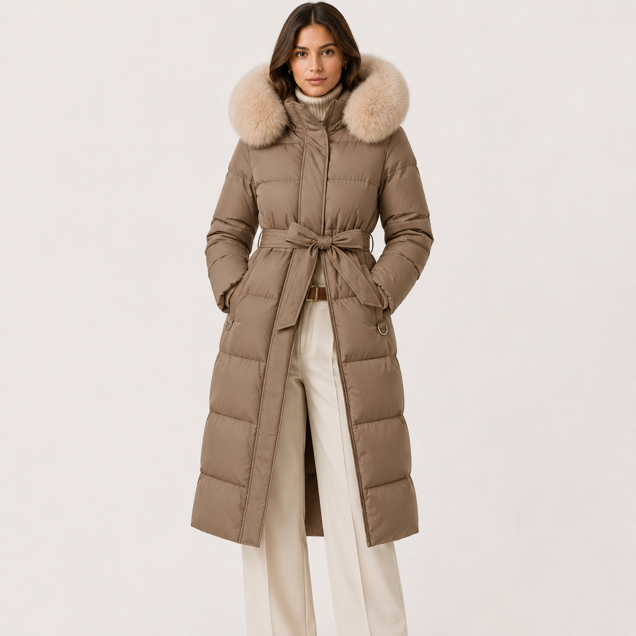 Women's Puffer Parka Water Resistant Fur Hood Belted Long Loose Fit Winter Coat