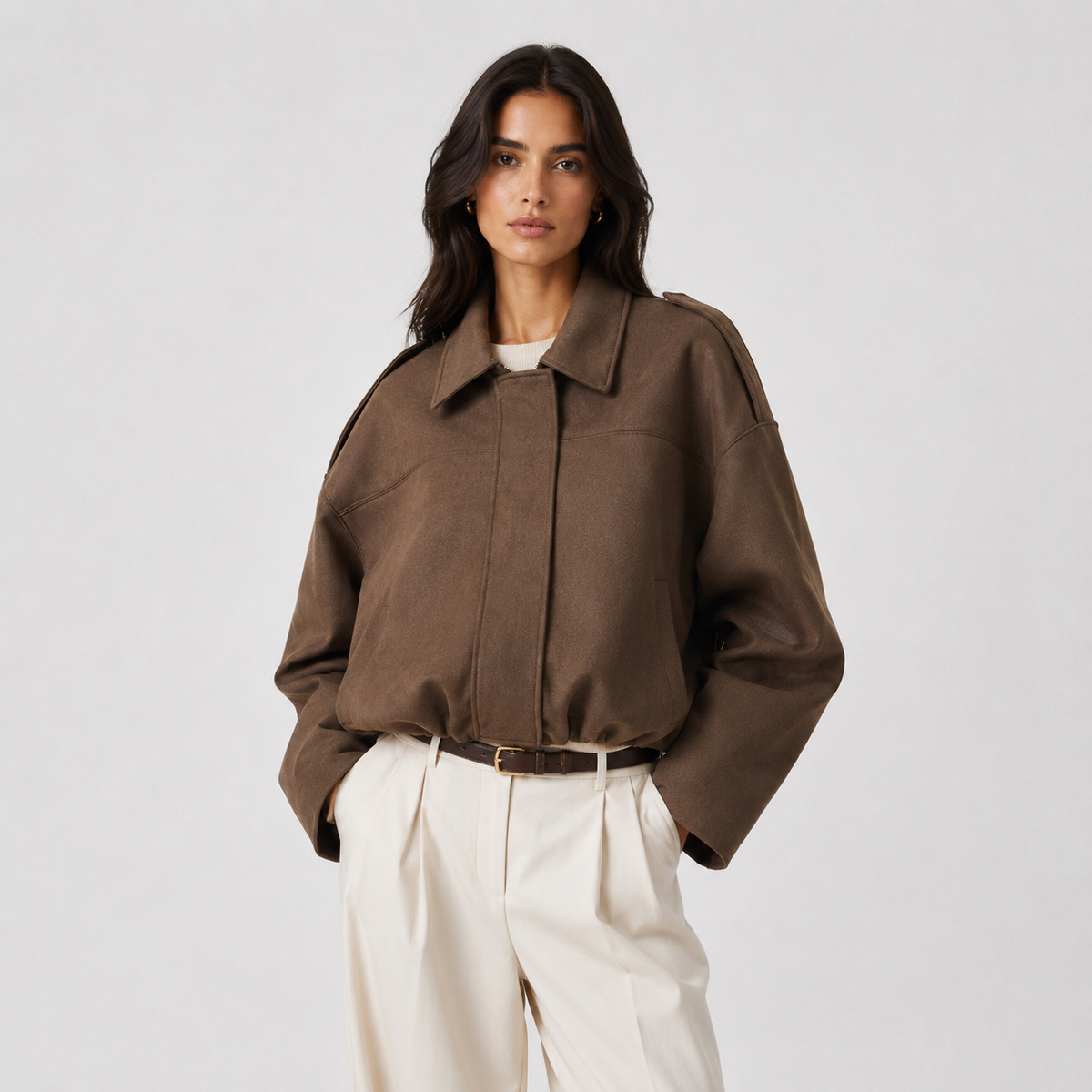 Women's Suede Bomber Jacket Collared Zip-Up Oversized Casual Outerwear