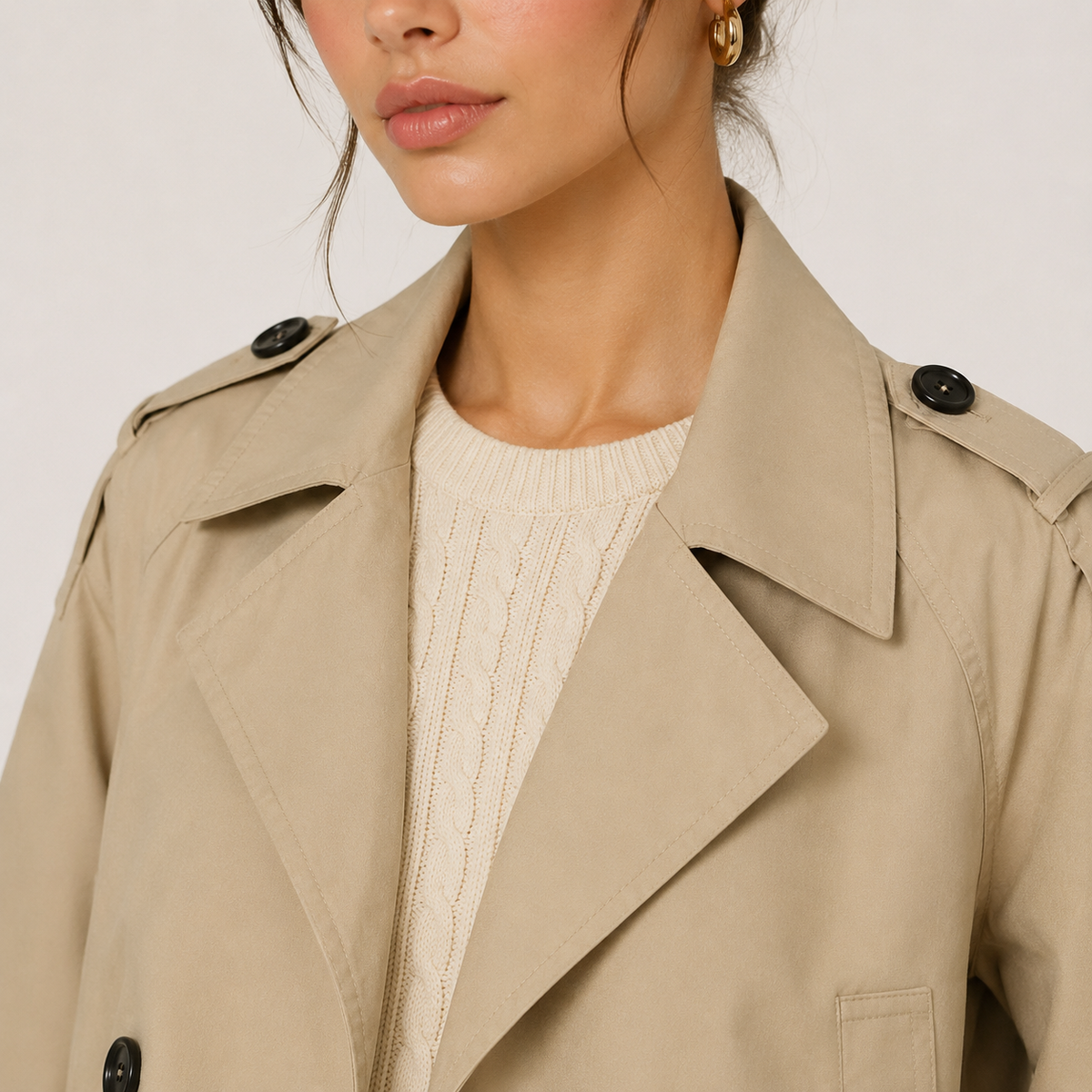 Women's Cropped Trench Jacket Double Breasted Lapel Long Sleeve Outerwear