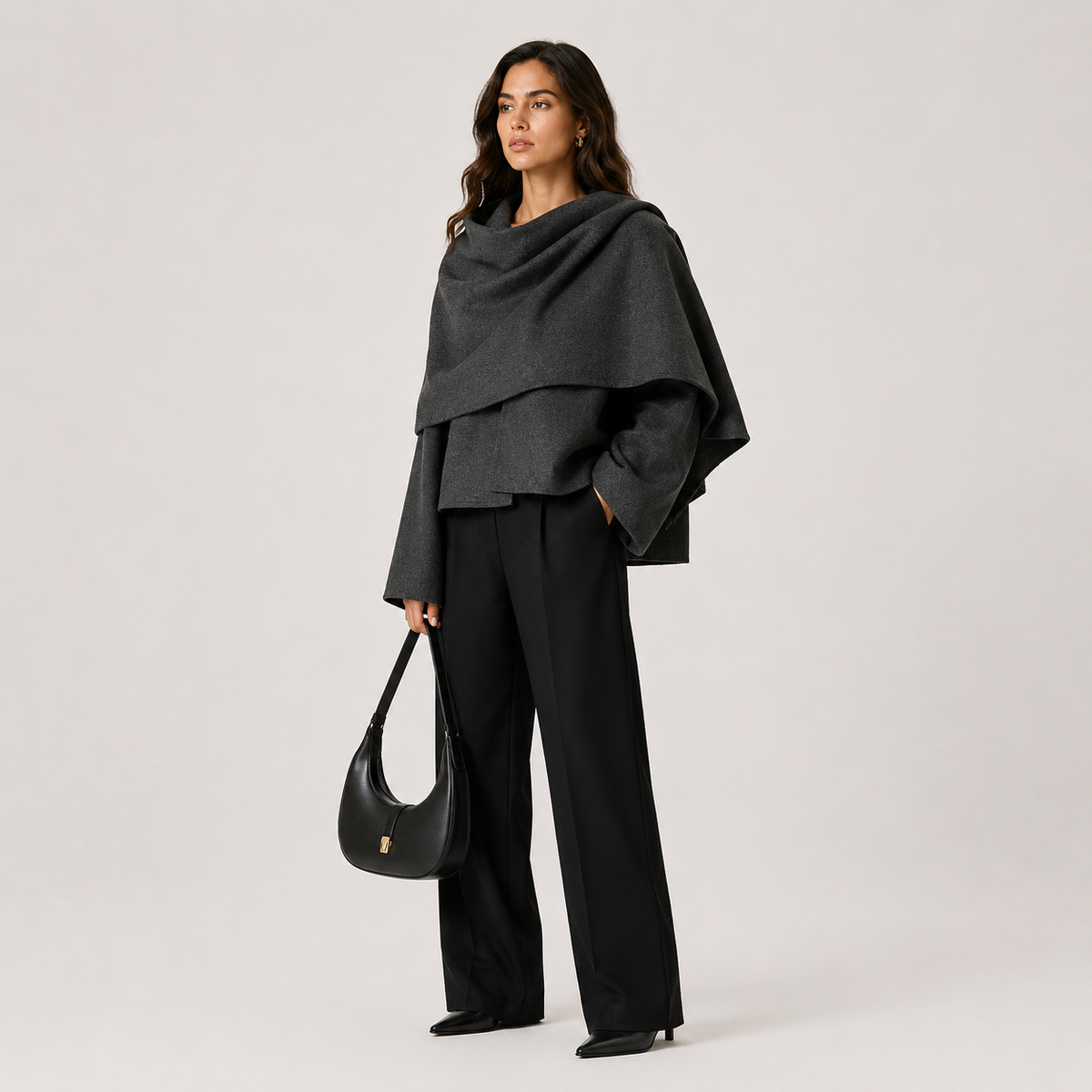 Women's Cape Coat Draped Cowl Neck Long Sleeve Winter Jacket