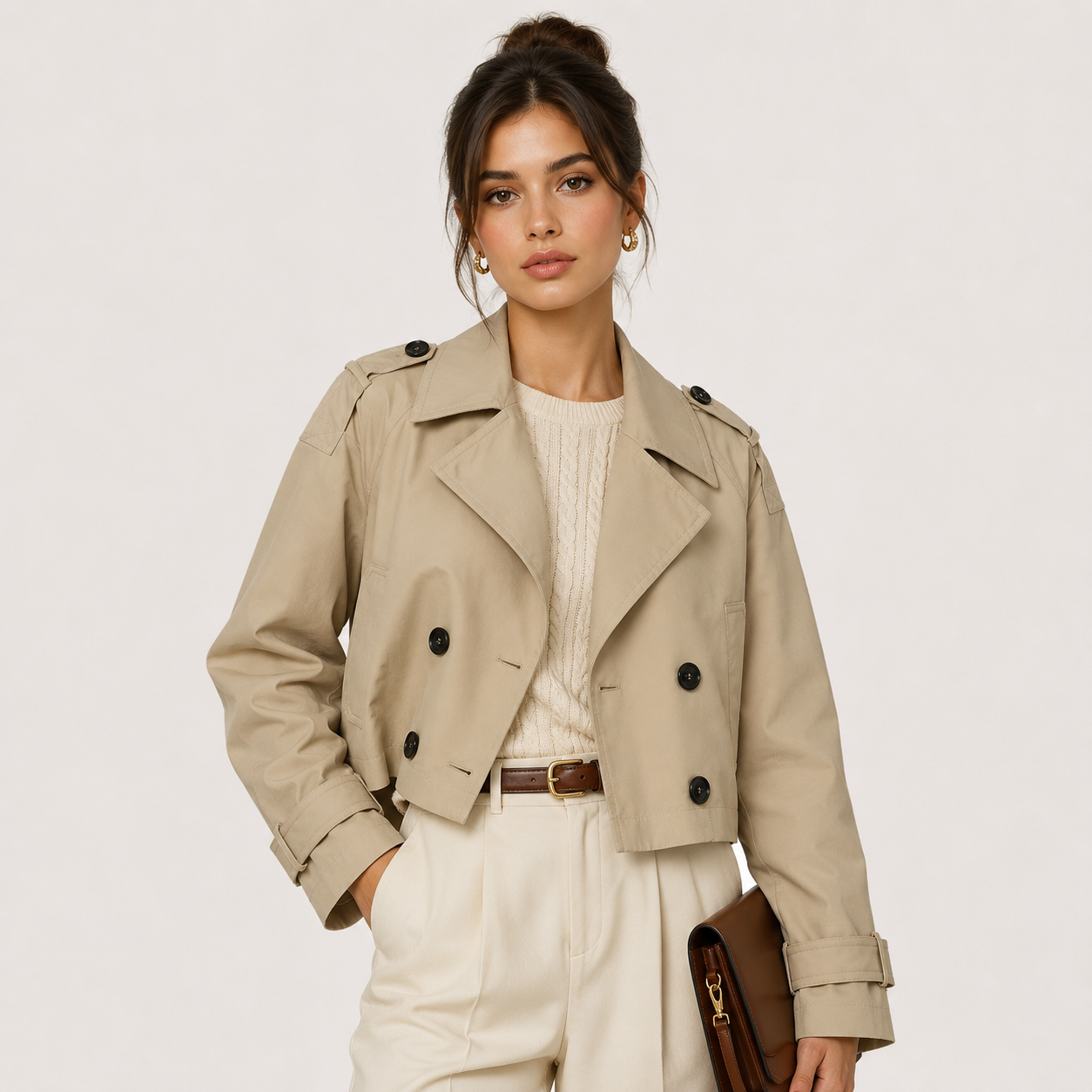 Women's Cropped Trench Jacket Double Breasted Lapel Long Sleeve Outerwear