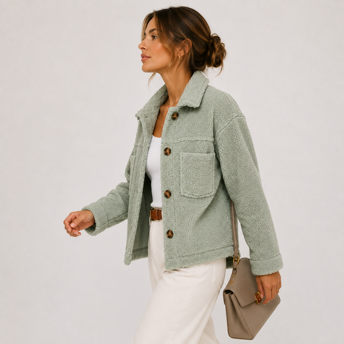 Women's Sherpa Shacket Textured Button-Up Collared Casual Jacket