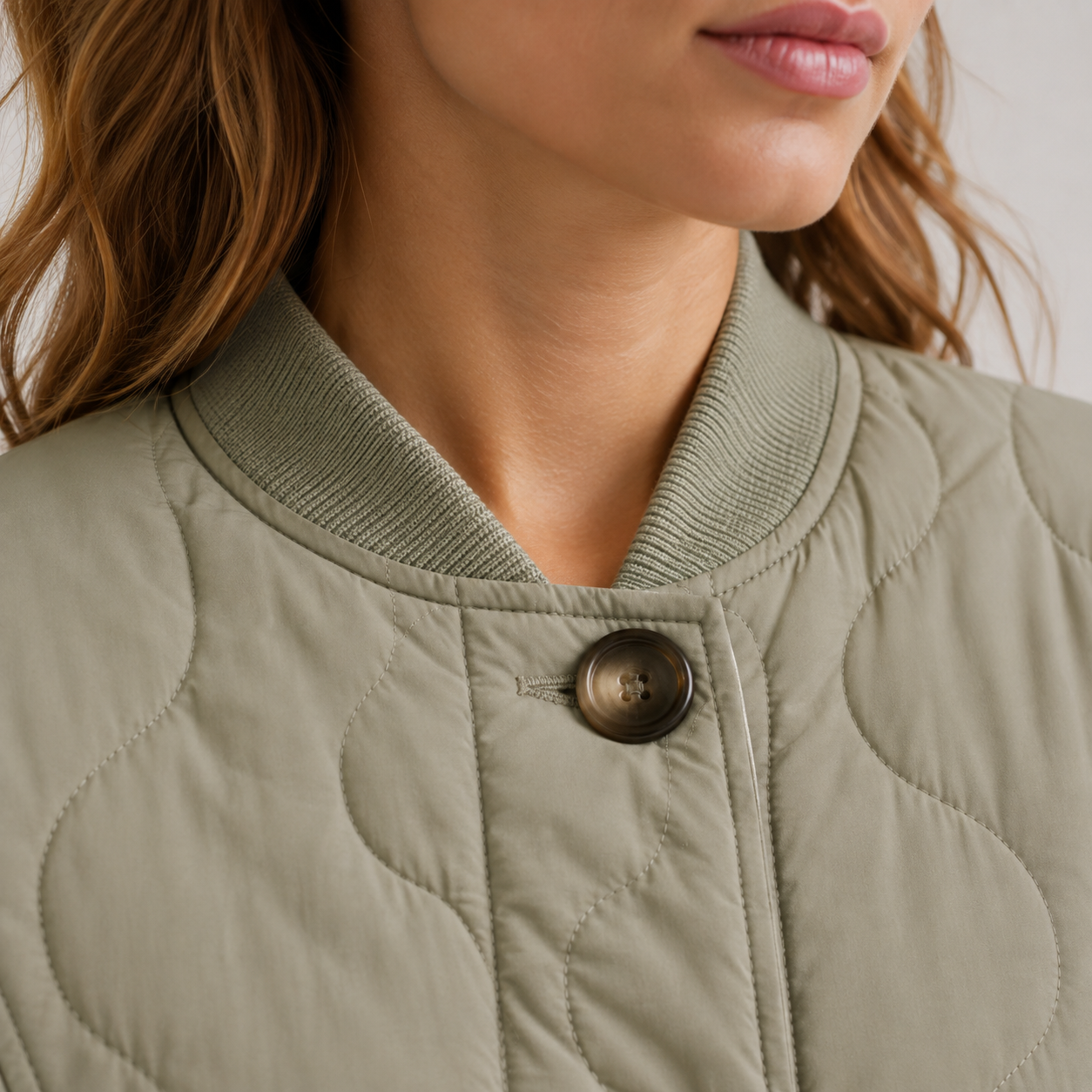 Women's Quilted Bomber Jacket Green Long Sleeve Button Front Collarless Casual