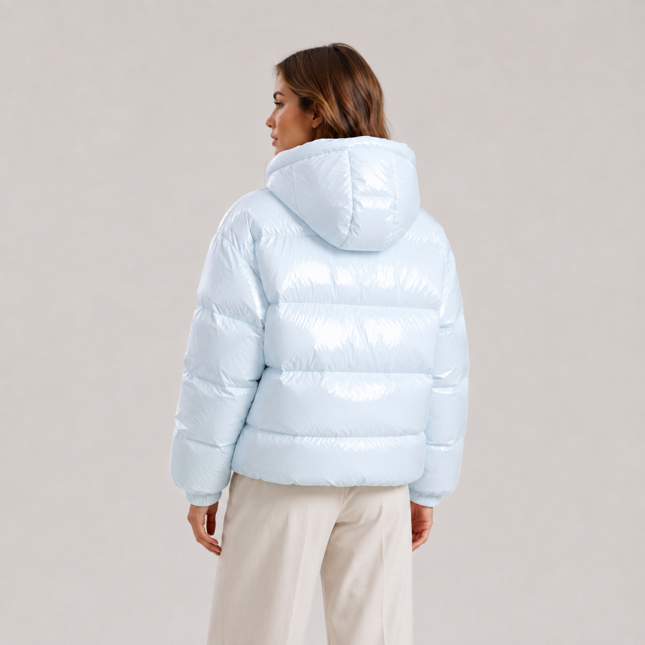 Women's Puffer Jacket Hooded Zip-Up Glossy Cropped Winter Coat