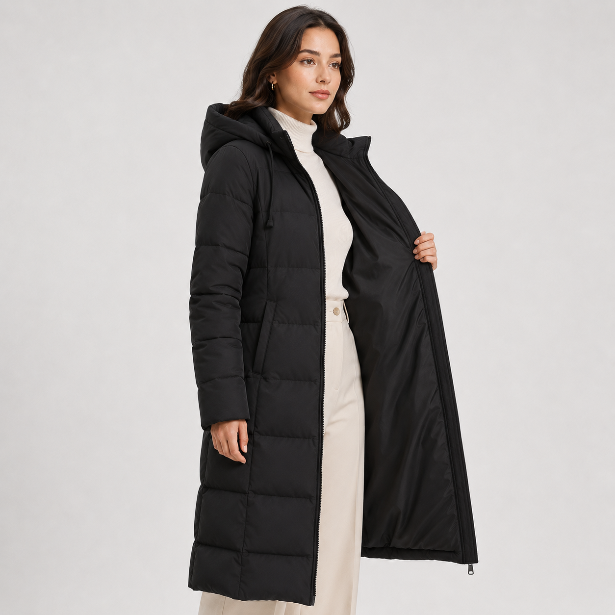 Women's Long Puffer Coat Hooded Quilted Zip-Up Warm Winter Jacket