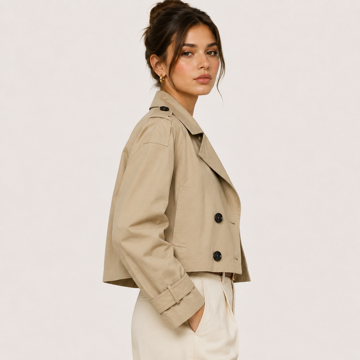 Women's Cropped Trench Jacket Double Breasted Lapel Long Sleeve Outerwear