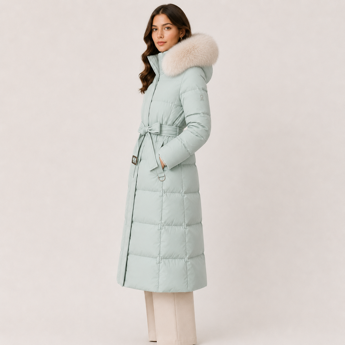 Women's Puffer Parka Water Resistant Fur Hood Belted Long Loose Fit Winter Coat