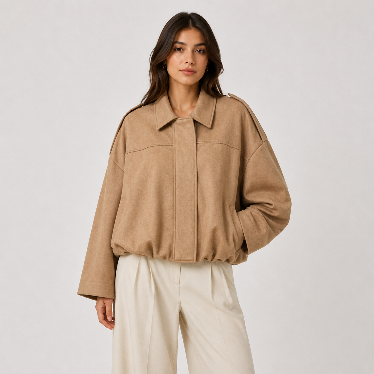 Women's Suede Bomber Jacket Collared Zip-Up Oversized Casual Outerwear