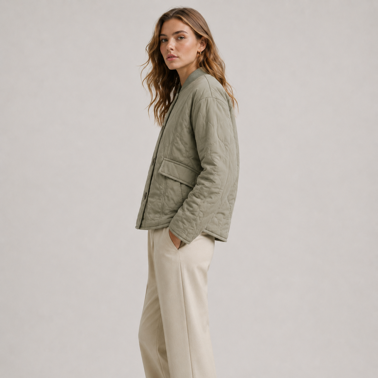 Women's Quilted Bomber Jacket Green Long Sleeve Button Front Collarless Casual