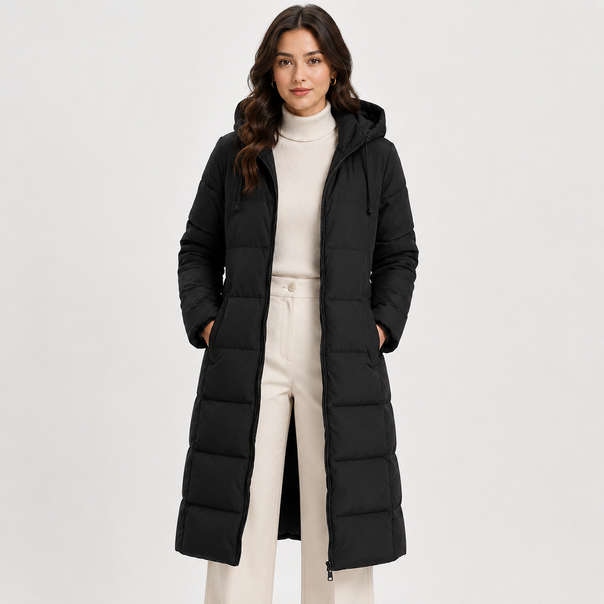 Women's Long Puffer Coat Hooded Quilted Zip-Up Warm Winter Jacket