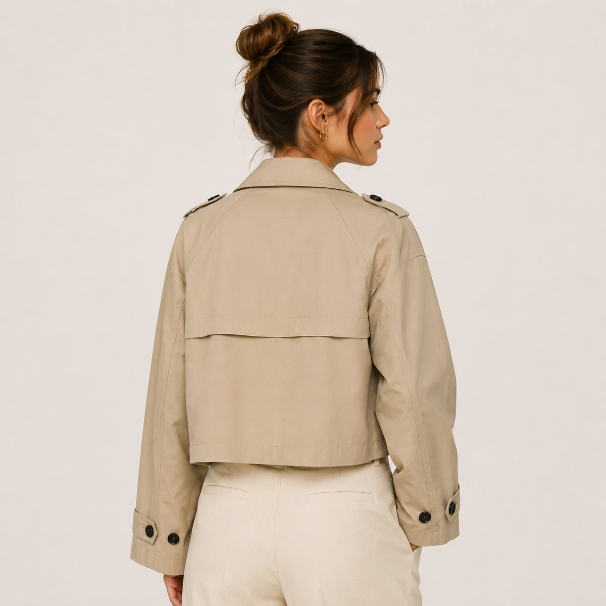 Women's Cropped Trench Jacket Double Breasted Lapel Long Sleeve Outerwear