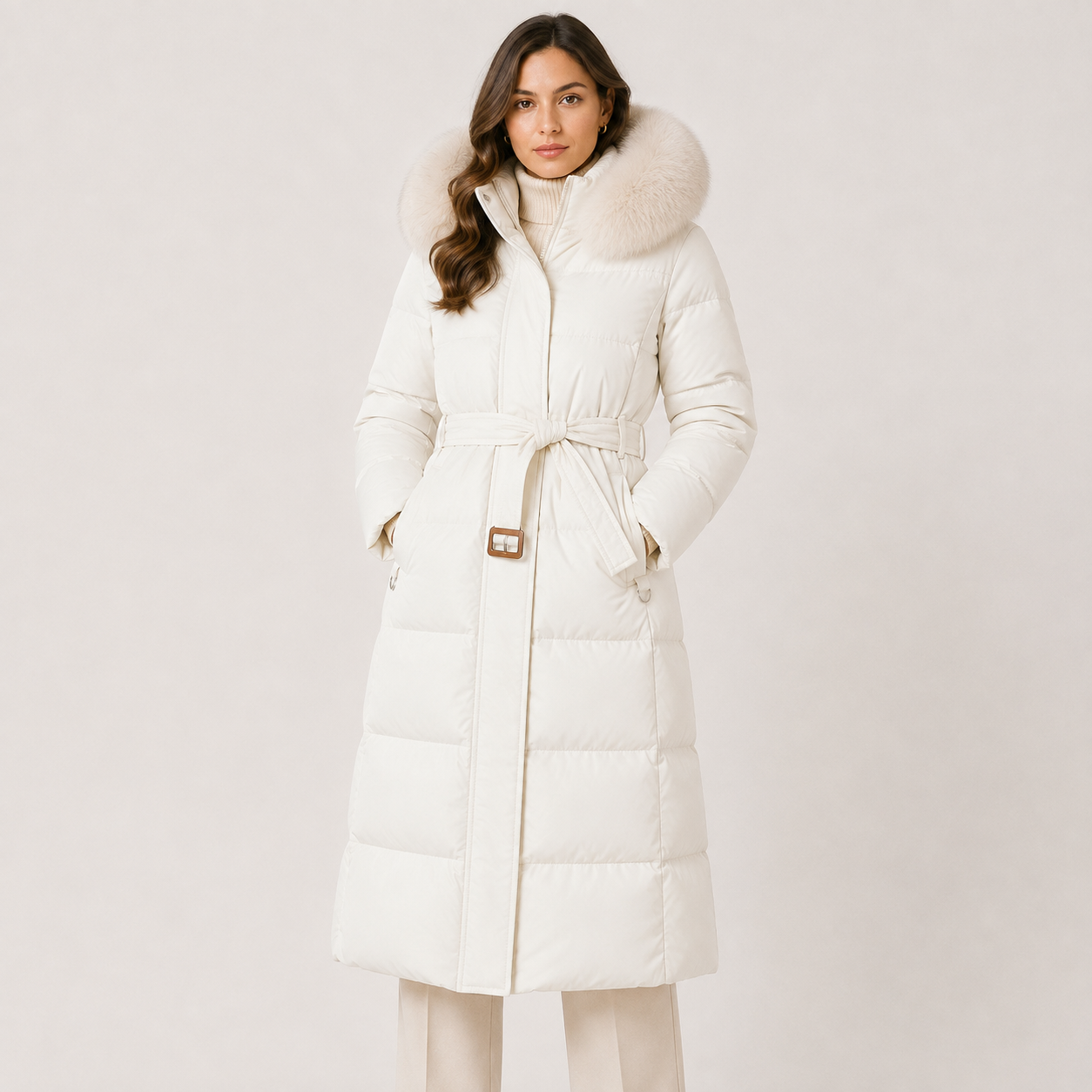 Women's Puffer Parka Water Resistant Fur Hood Belted Long Loose Fit Winter Coat