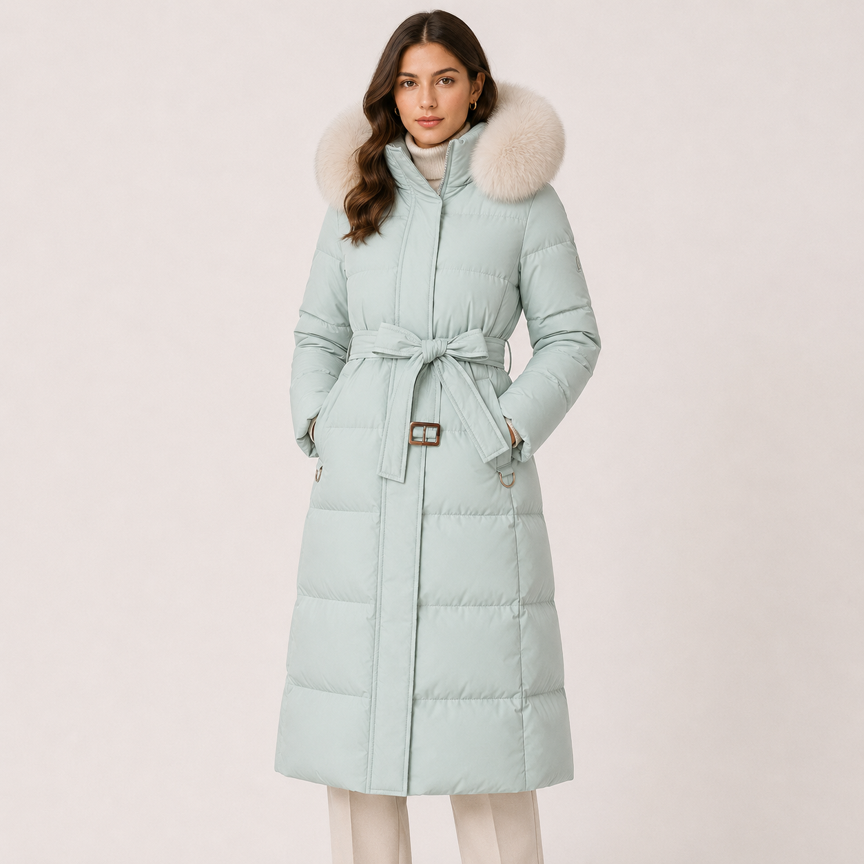 Women's Puffer Parka Water Resistant Fur Hood Belted Long Loose Fit Winter Coat
