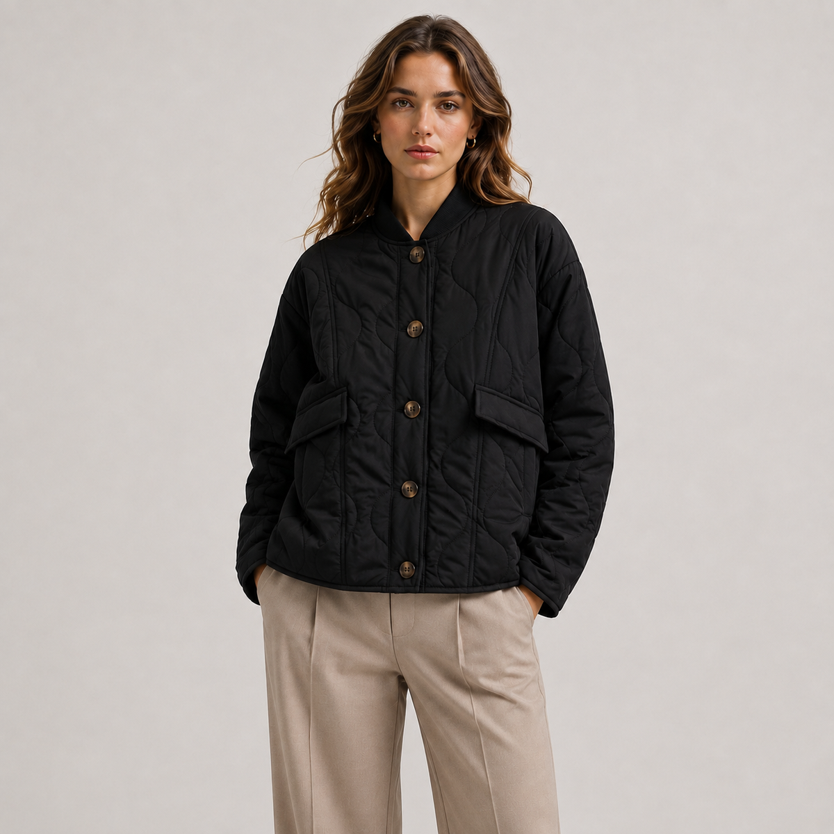 Women's Quilted Bomber Jacket Green Long Sleeve Button Front Collarless Casual
