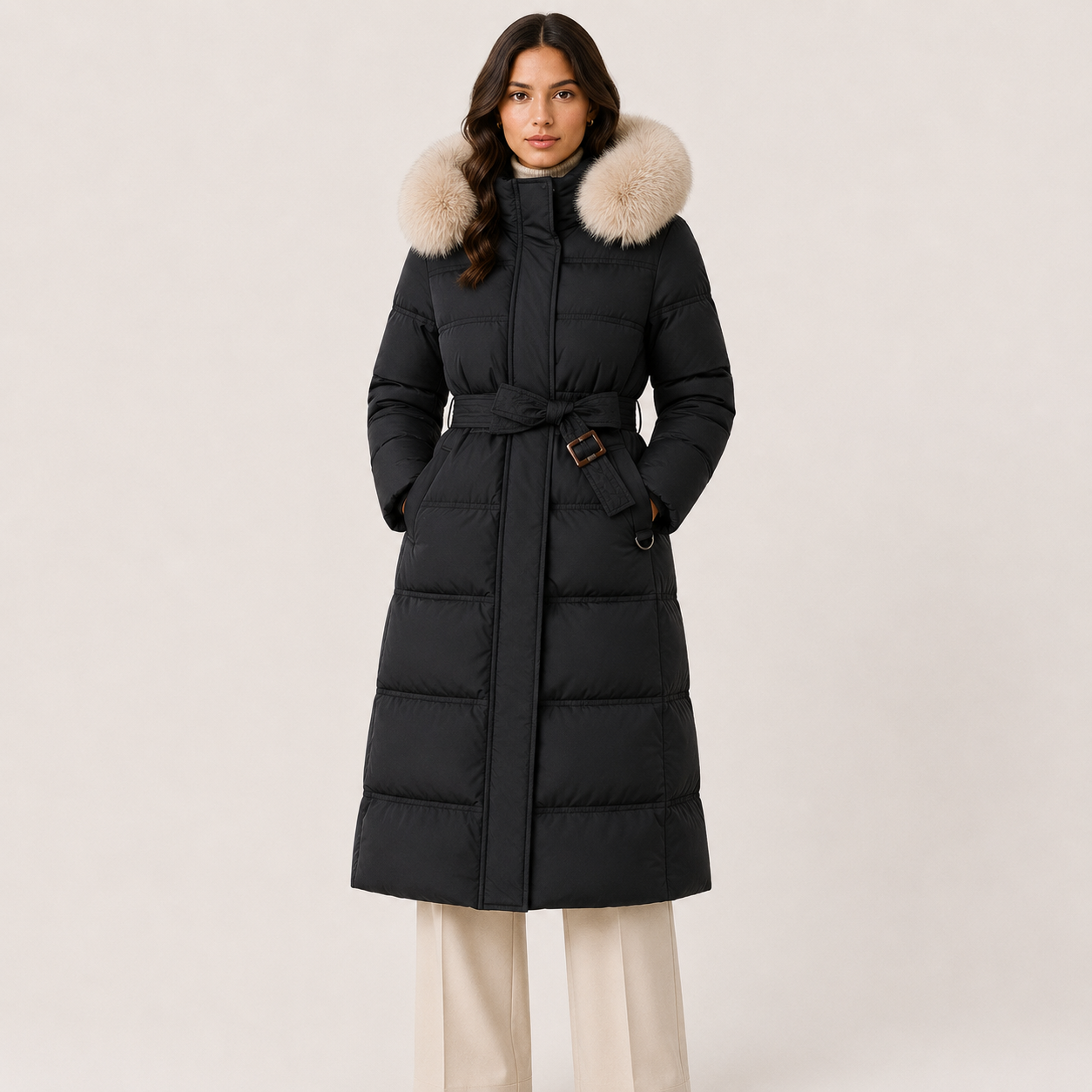 Women's Puffer Parka Water Resistant Fur Hood Belted Long Loose Fit Winter Coat
