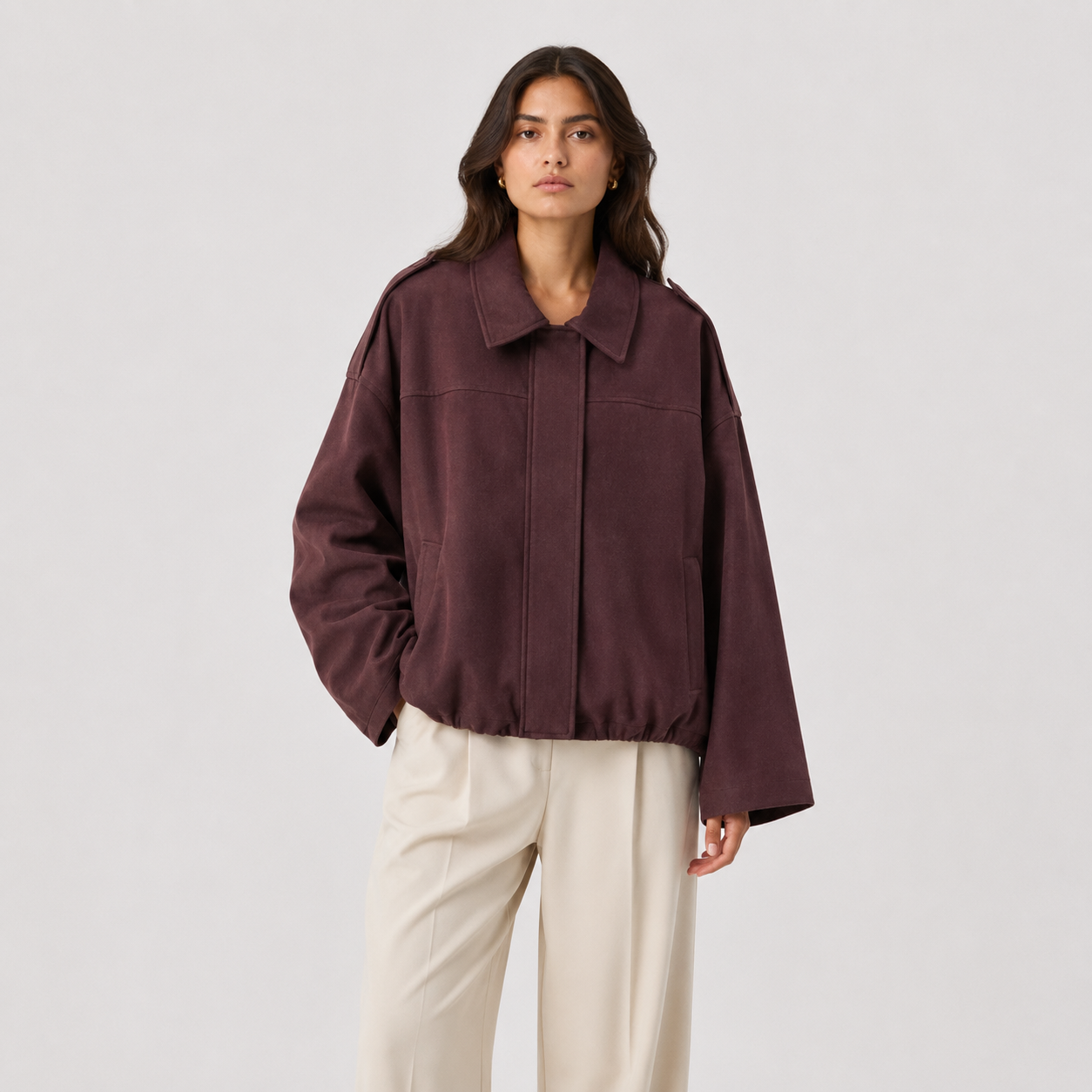 Women's Suede Bomber Jacket Collared Zip-Up Oversized Casual Outerwear