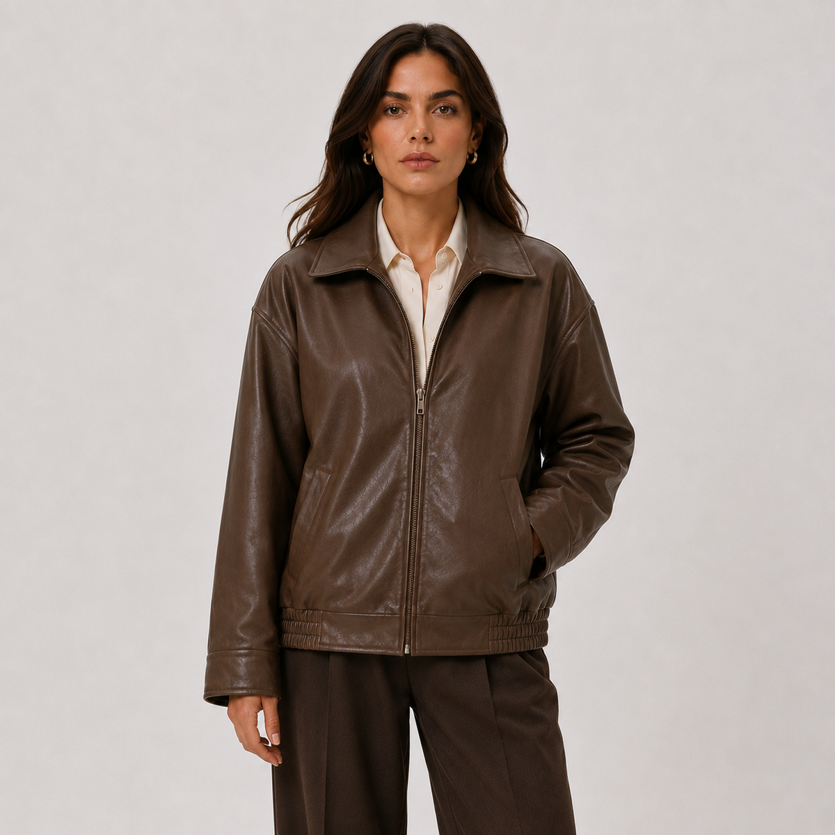 Women's Relaxed Fit Leather Look Bomber Jacket Collared Zip-Up Brown Casual