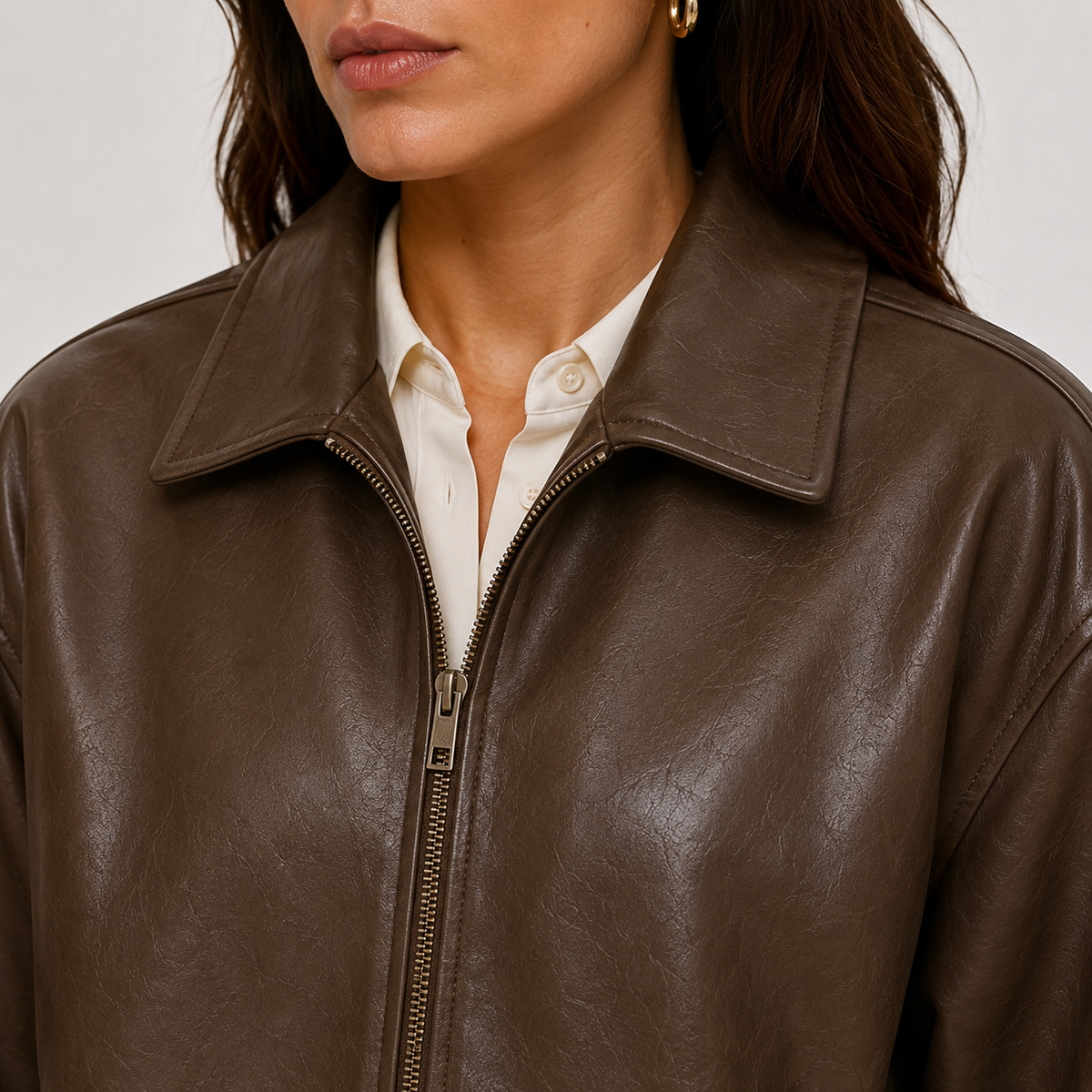 Women's Relaxed Fit Leather Look Bomber Jacket Collared Zip-Up Brown Casual