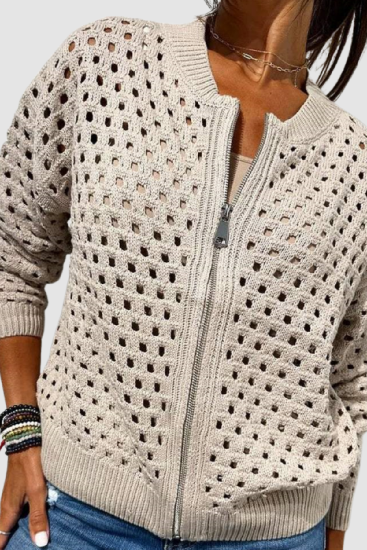 Women's Open Knit Zip-Up Cardigan Long Sleeve Crochet Bomber Sweater Casual