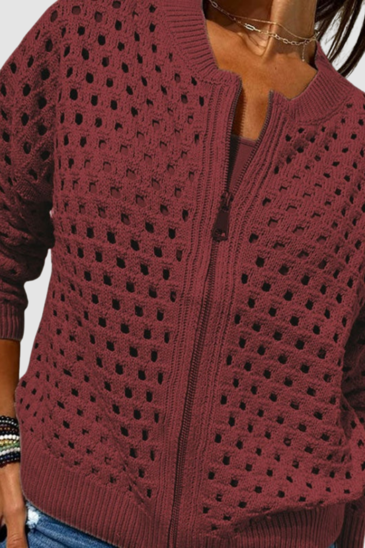 Women's Open Knit Zip-Up Cardigan Long Sleeve Crochet Bomber Sweater Casual