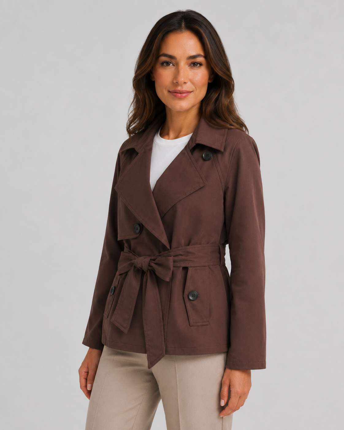 Women's Trench Coat Tie Waist Belted Notch Lapel Short Casual Jacket