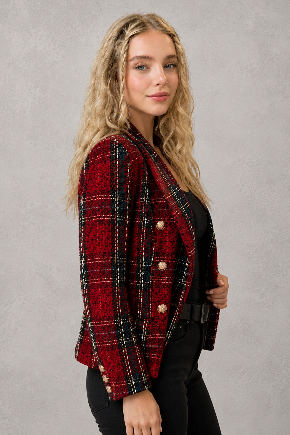 Women's Plaid Tweed Blazer Double-Breasted Gold Button Tailored Jacket