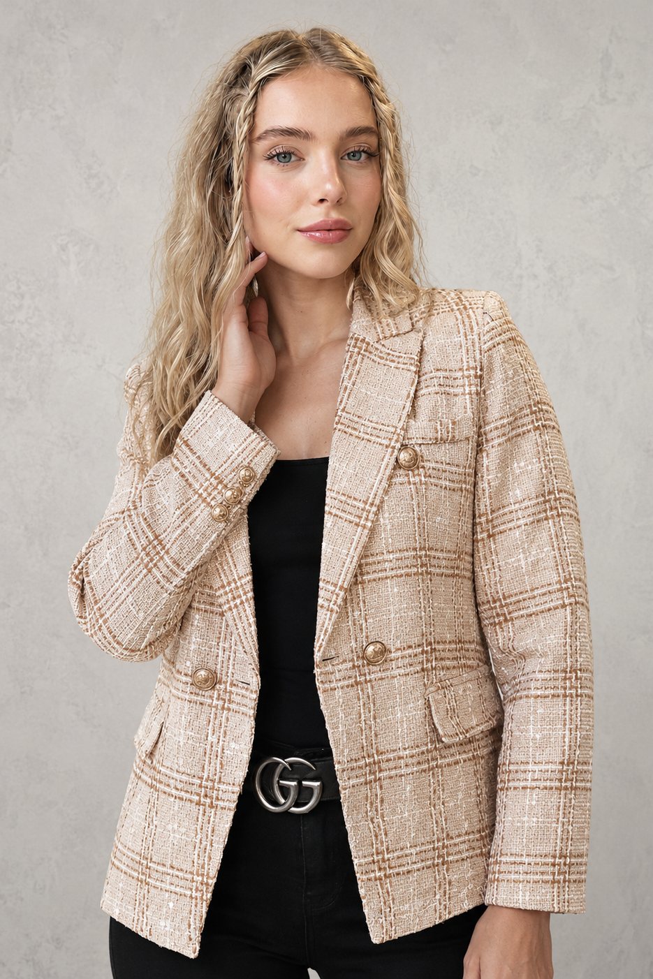 Women's Plaid Tweed Blazer Double-Breasted Gold Button Tailored Jacket