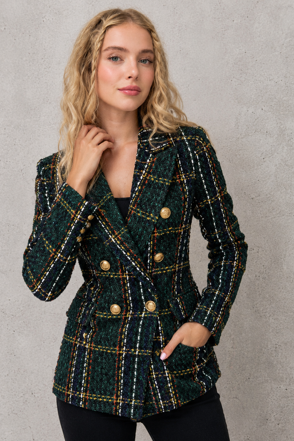 Women's Plaid Tweed Blazer Double-Breasted Gold Button Tailored Jacket