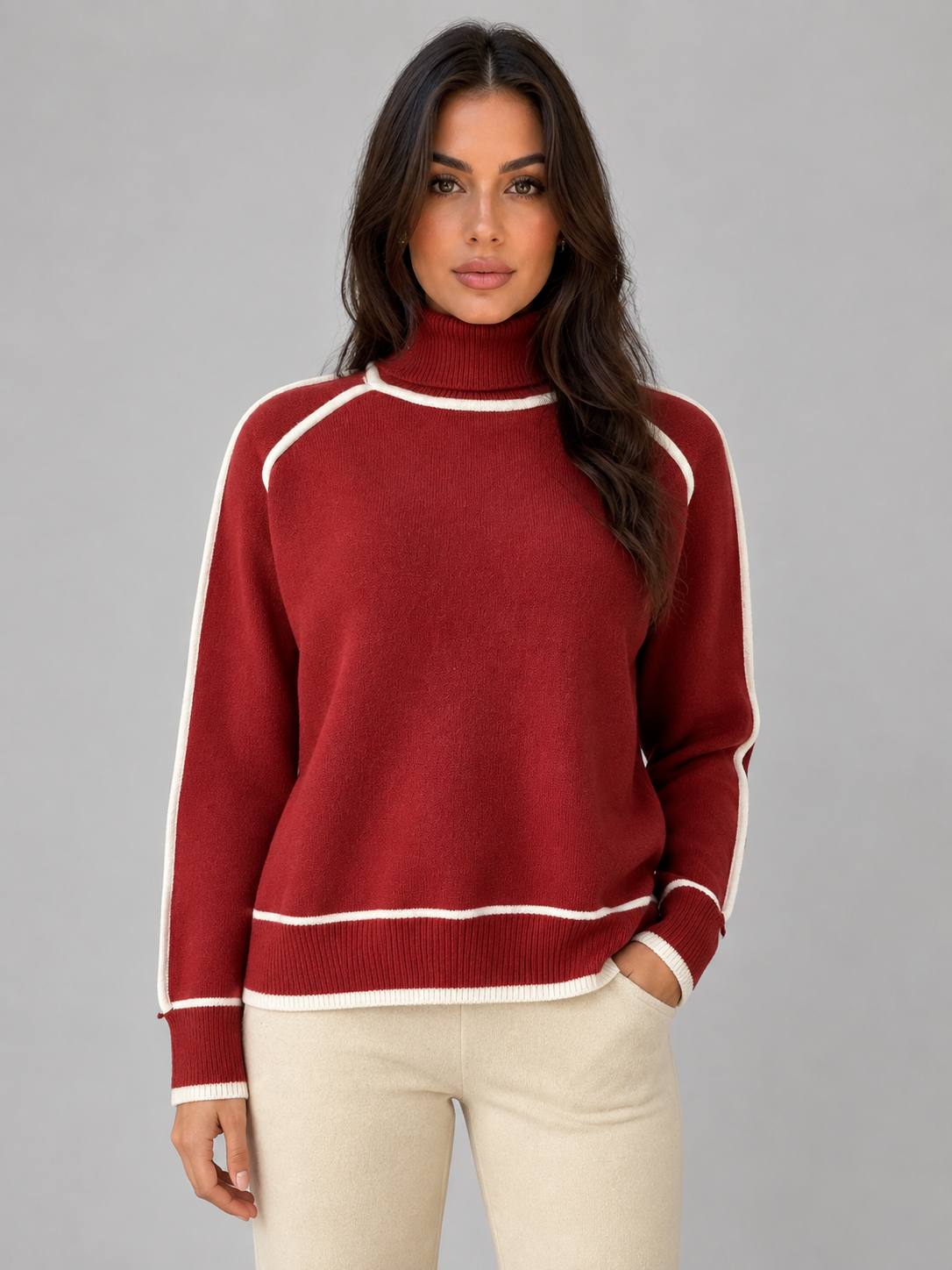 Women's Roll Neck Jumper Long Sleeve Contrast Trim Relaxed Knit Top