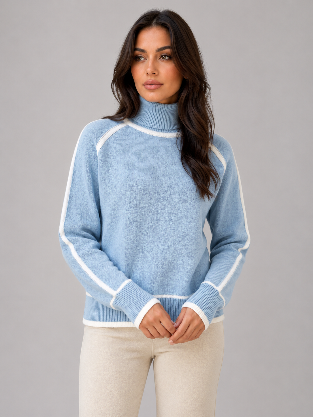 Women's Roll Neck Jumper Long Sleeve Contrast Trim Relaxed Knit Top