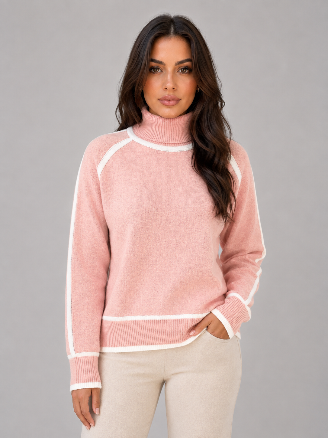 Women's Roll Neck Jumper Long Sleeve Contrast Trim Relaxed Knit Top