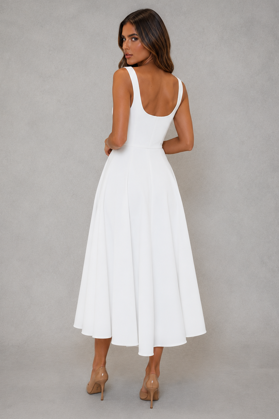 Women's Square Neck A-Line Midi Dress White Sleeveless Work & Occasion