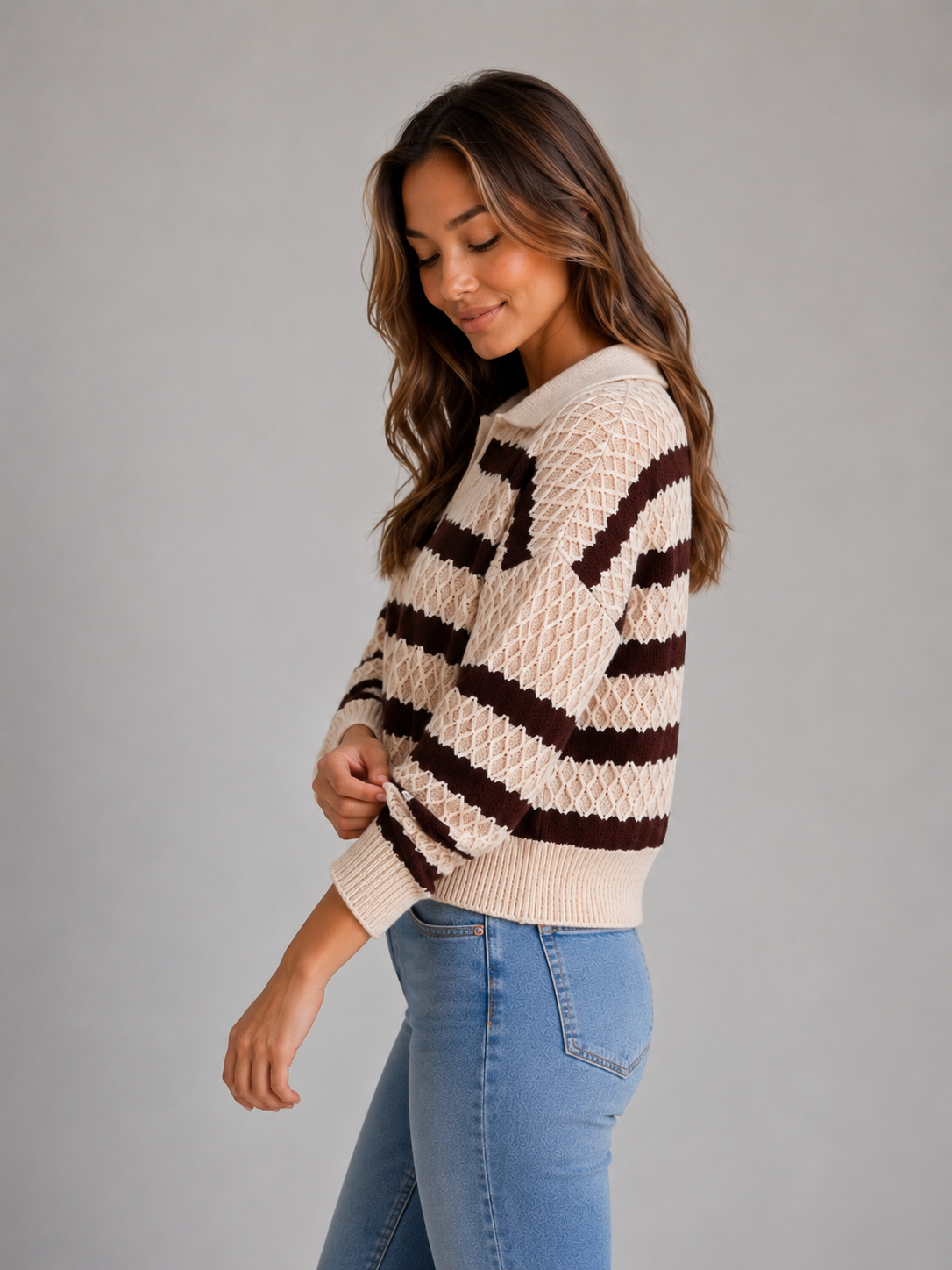Women's Striped Polo Sweater Long Sleeve Collared Textured Knit Pullover