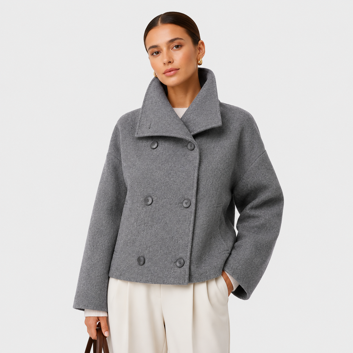 Women's Cropped Peacoat Double Breasted High Collar Wool Blend Winter Jacket