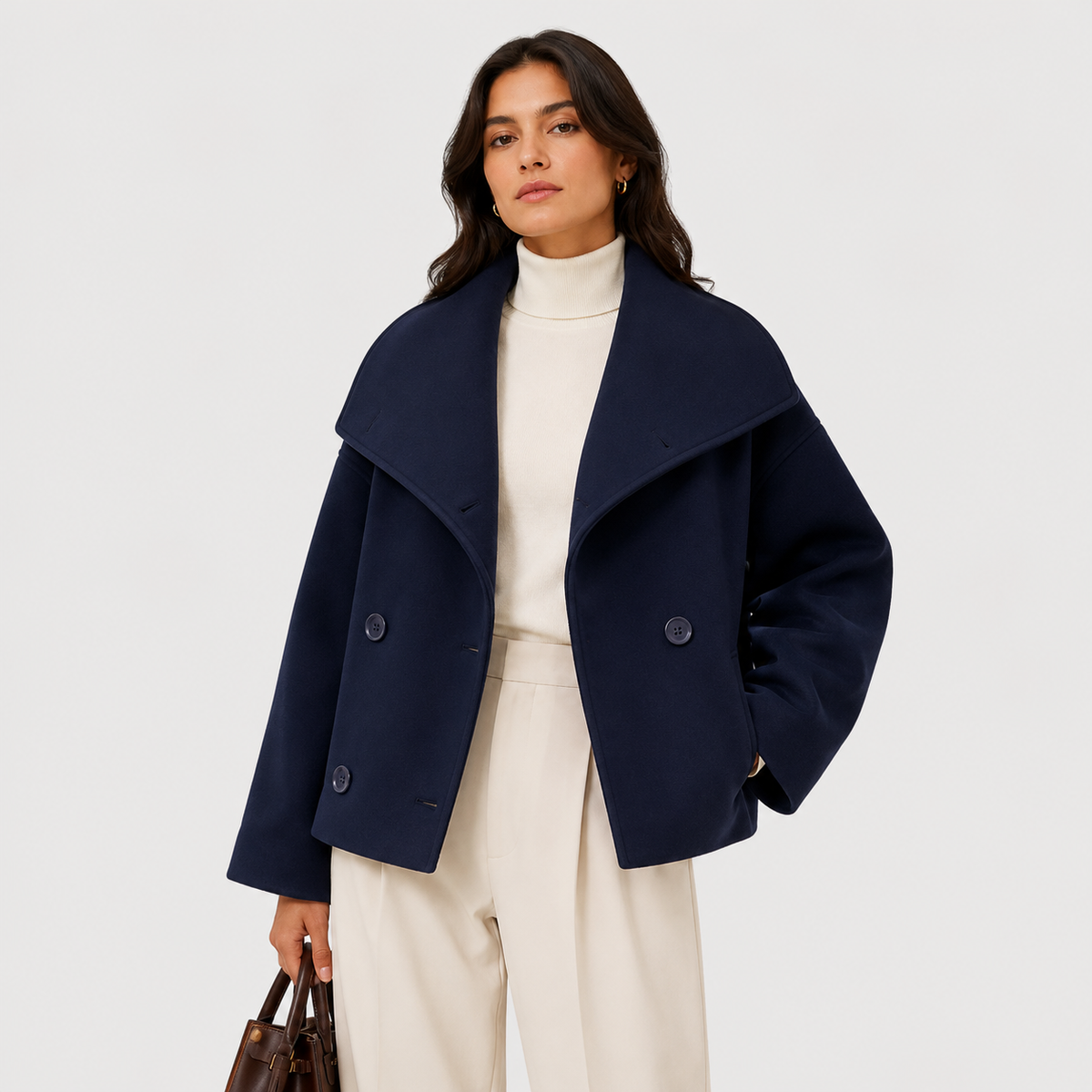 Women's Cropped Peacoat Double Breasted High Collar Wool Blend Winter Jacket