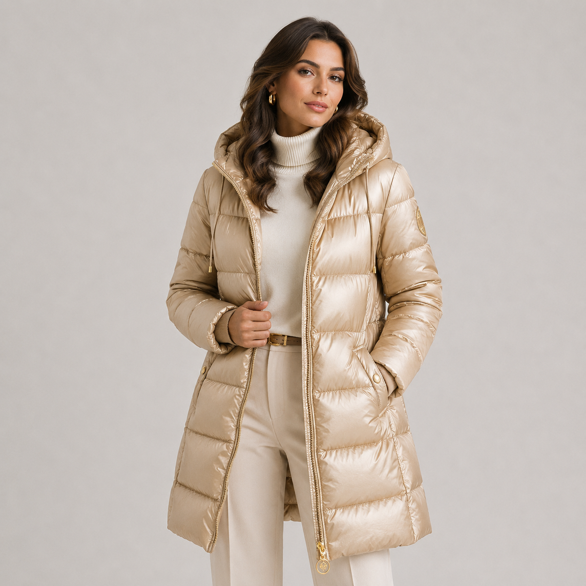 Women's Hooded Puffer Coat Metallic Grey Quilted Insulated Winter Outerwear