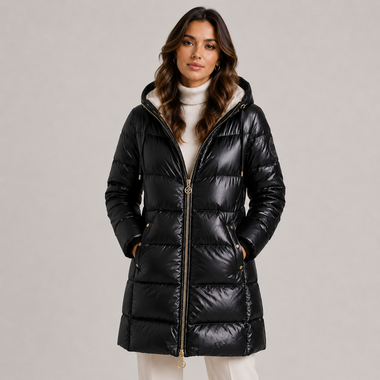Women's Hooded Puffer Coat Metallic Grey Quilted Insulated Winter Outerwear
