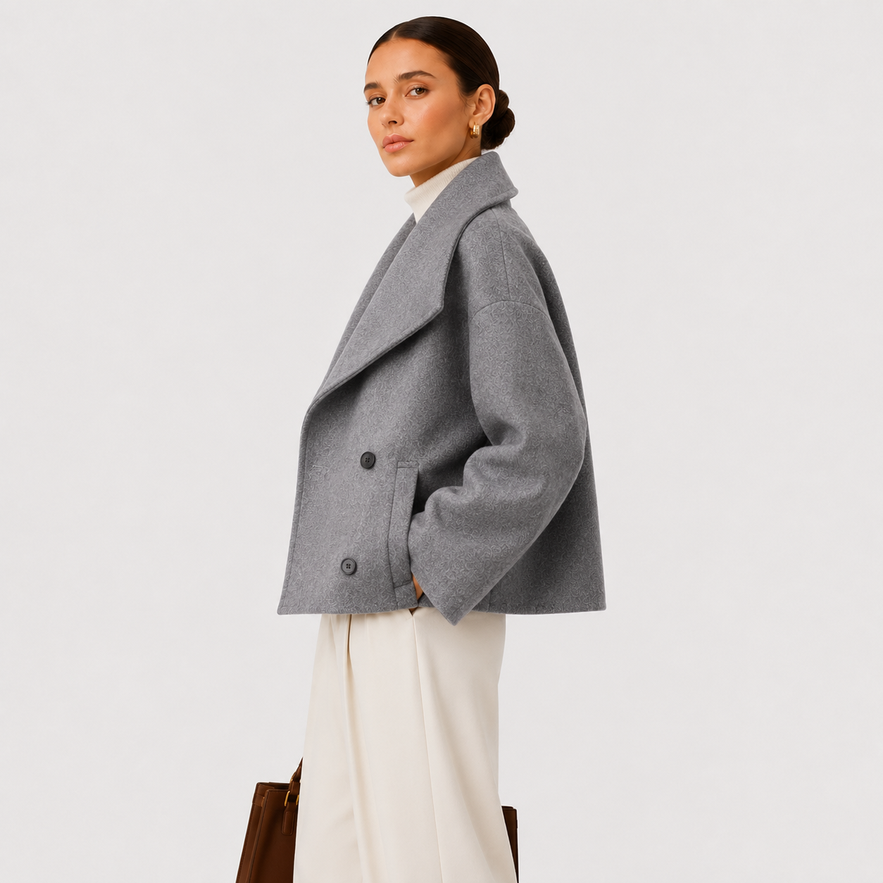 Women's Cropped Peacoat Double Breasted High Collar Wool Blend Winter Jacket