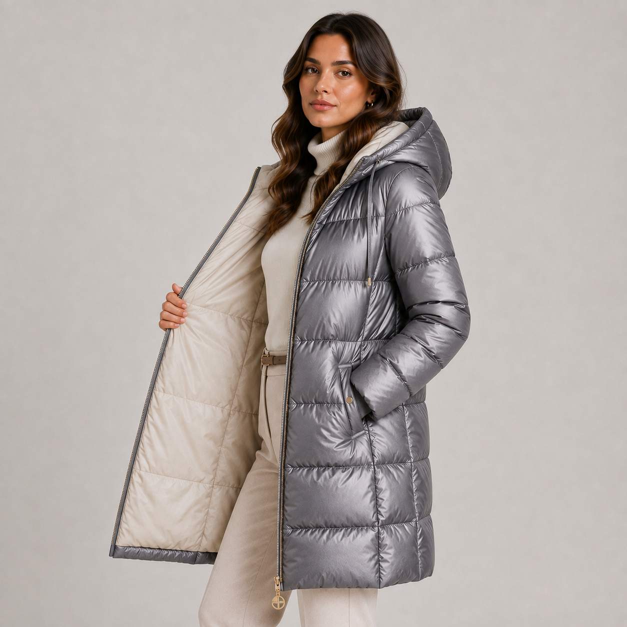 Women's Hooded Puffer Coat Metallic Grey Quilted Insulated Winter Outerwear