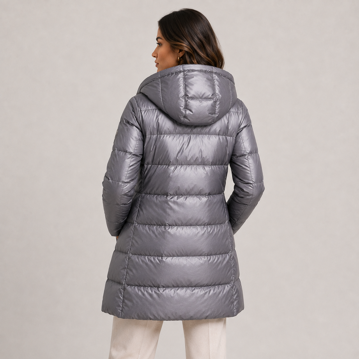 Women's Hooded Puffer Coat Metallic Grey Quilted Insulated Winter Outerwear