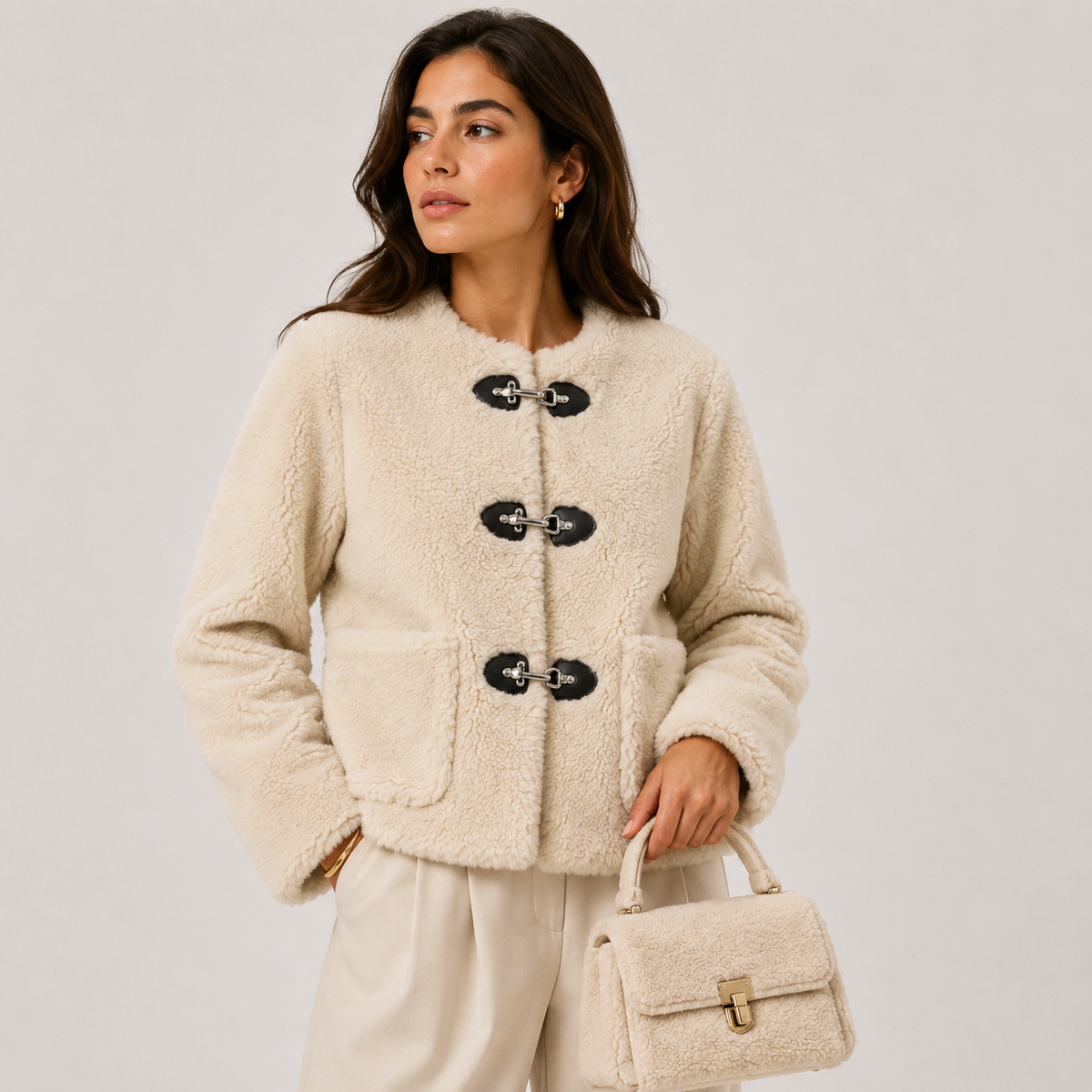Women's Sherpa Fleece Jacket Toggle Closure Crew Neck Cropped Winter Coat