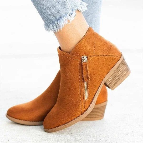 Women's Side Zip Ankle Boots Block Heel Pointed Toe Casual Booties