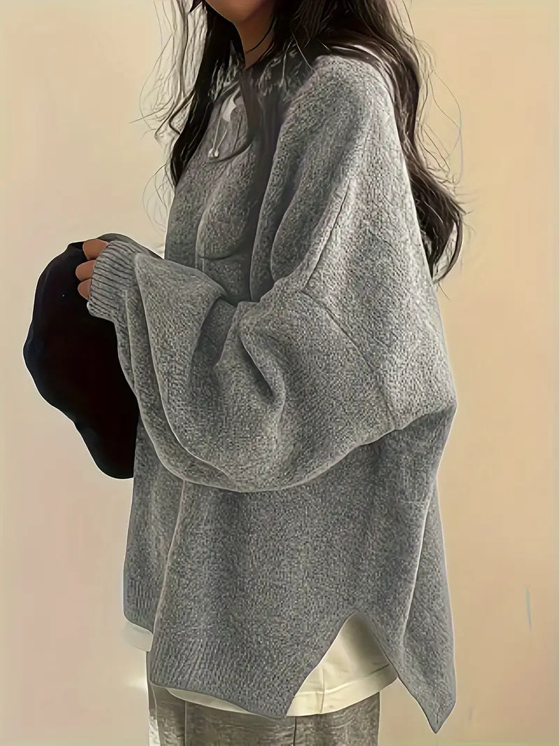 Women's Cozy Lantern Sleeve Knit Sweater - Chic Round Neck Design