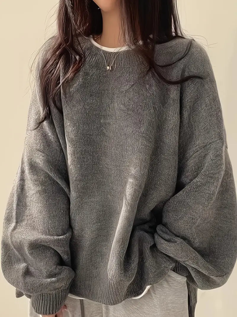Women's Cozy Lantern Sleeve Knit Sweater - Chic Round Neck Design