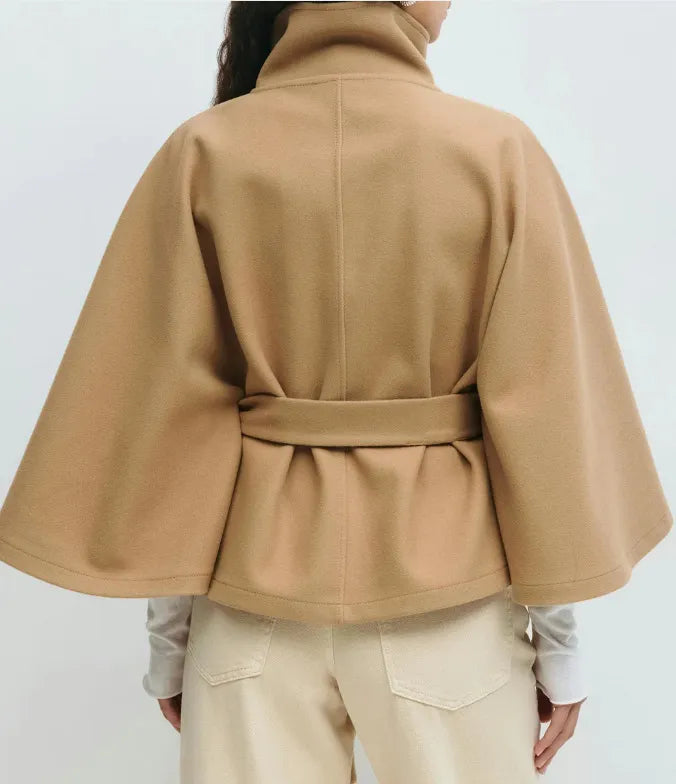 Women's Belted Cape Coat High-Neck Button Bell-Sleeve Winter Outerwear