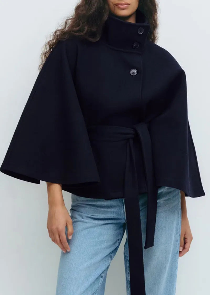 Women's Belted Cape Coat High-Neck Button Bell-Sleeve Winter Outerwear