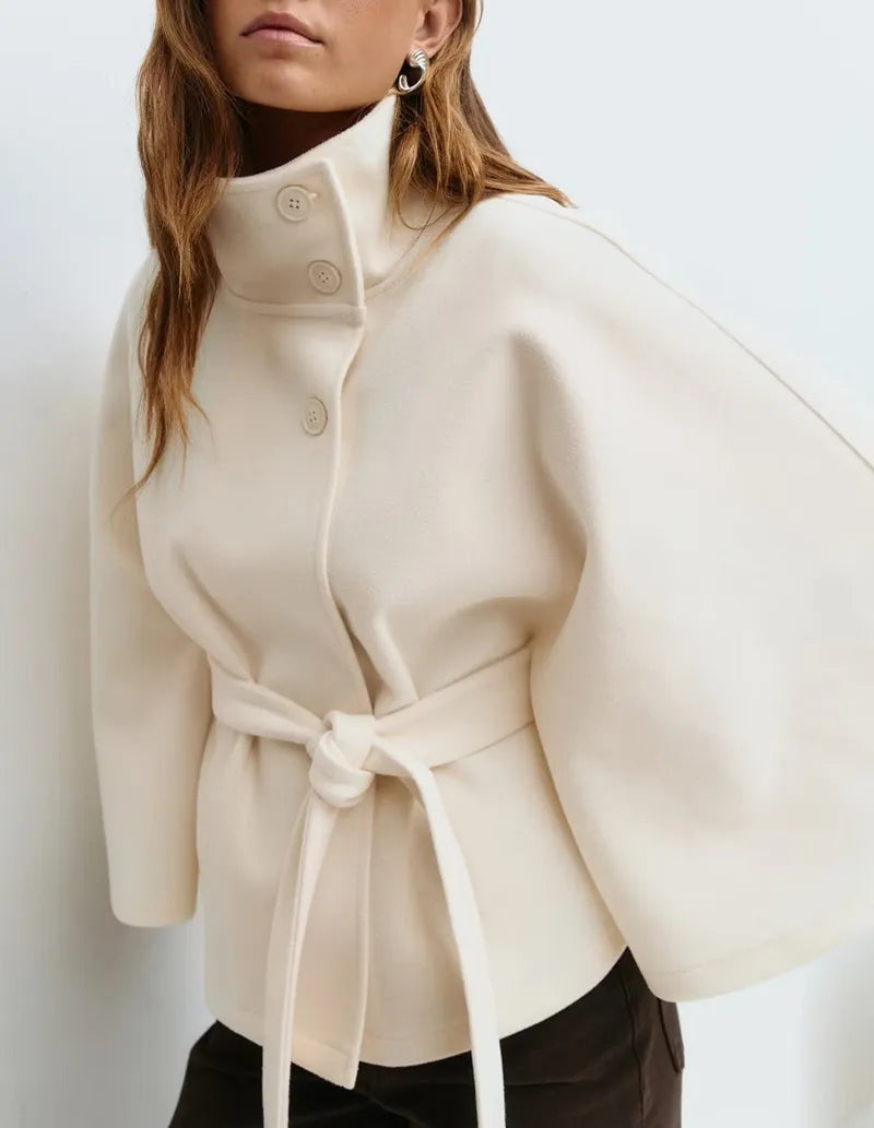 Women's Belted Cape Coat High-Neck Button Bell-Sleeve Winter Outerwear