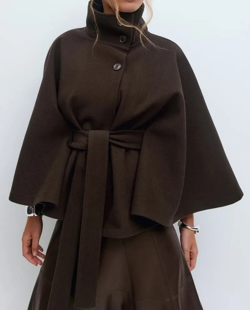 Women's Belted Cape Coat High-Neck Button Bell-Sleeve Winter Outerwear