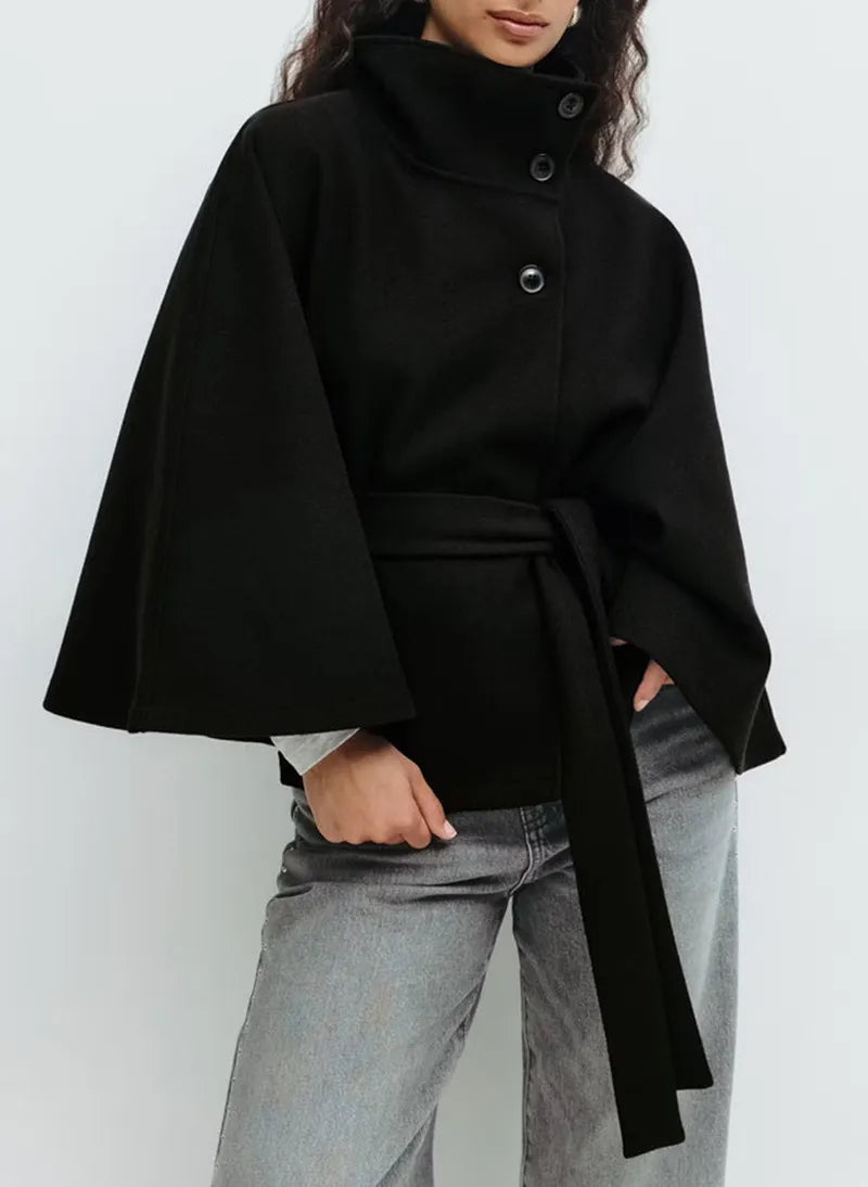 Women's Belted Cape Coat High-Neck Button Bell-Sleeve Winter Outerwear